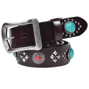 Ceinture western en cuir pierres turquoise et clous argentés
