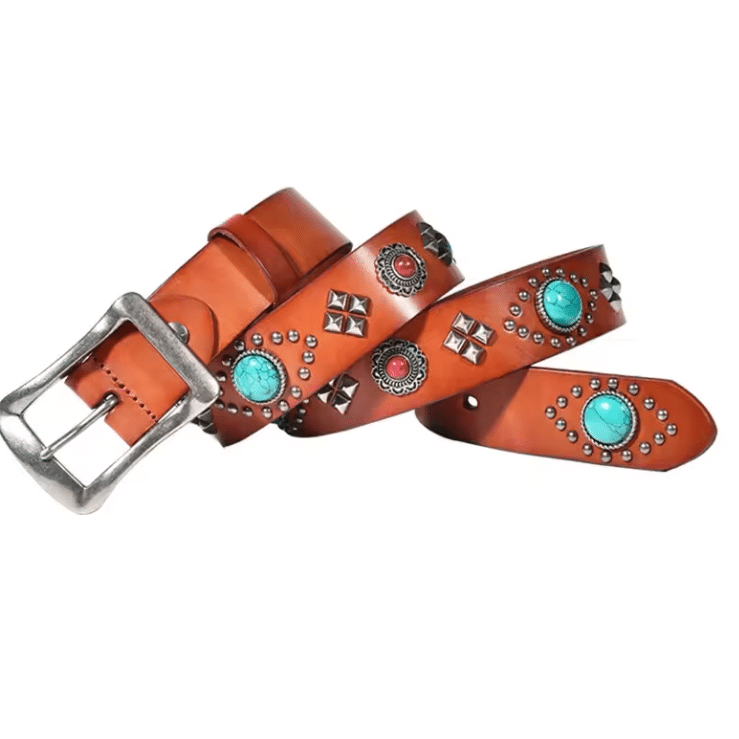 Ceinture western en cuir pierres turquoise et clous argentés (6)