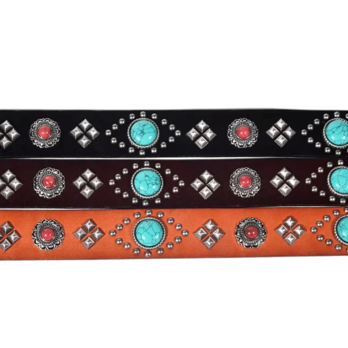 Ceinture western en cuir pierres turquoise et clous argentés (7)