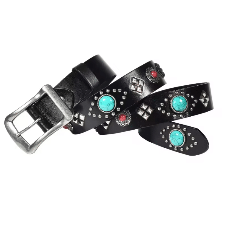 Ceinture western en cuir pierres turquoise et clous argentés (8)