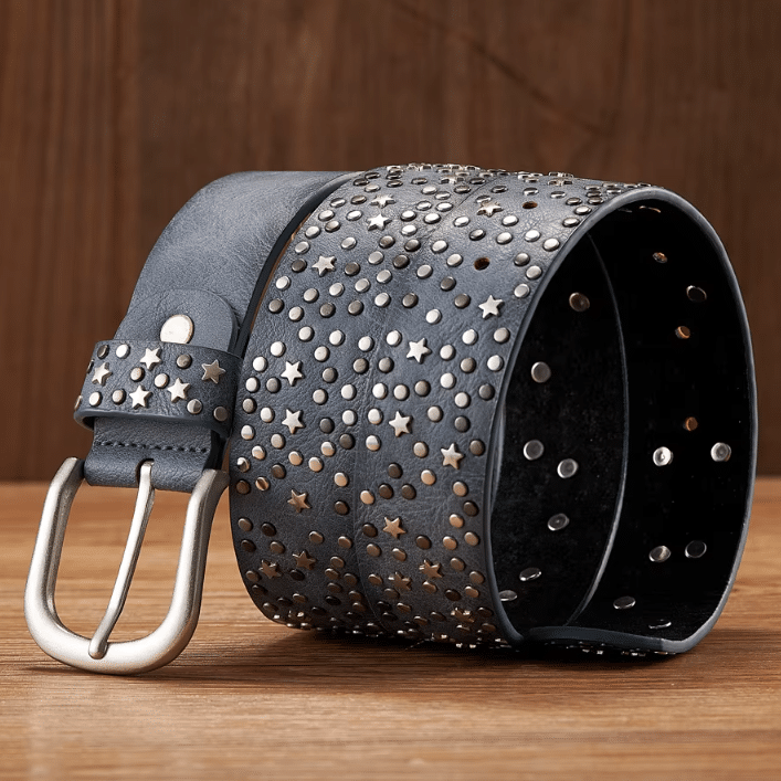Ceinture western femme bleu effet cuir à clous et étoiles argentés (2)