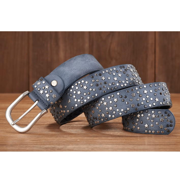 Ceinture western femme bleu effet cuir à clous et étoiles argentés (3)
