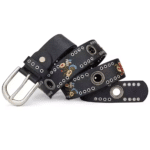 Ceinture western femme noire effet cuir à œillets et fleurs brodées (1)