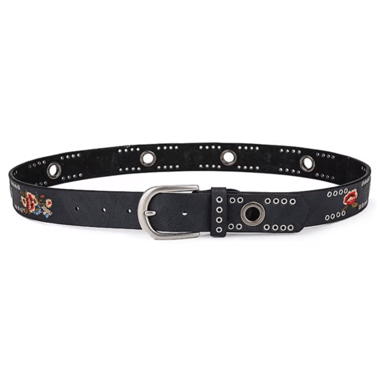 Ceinture western femme noire effet cuir à œillets et fleurs brodées (2)