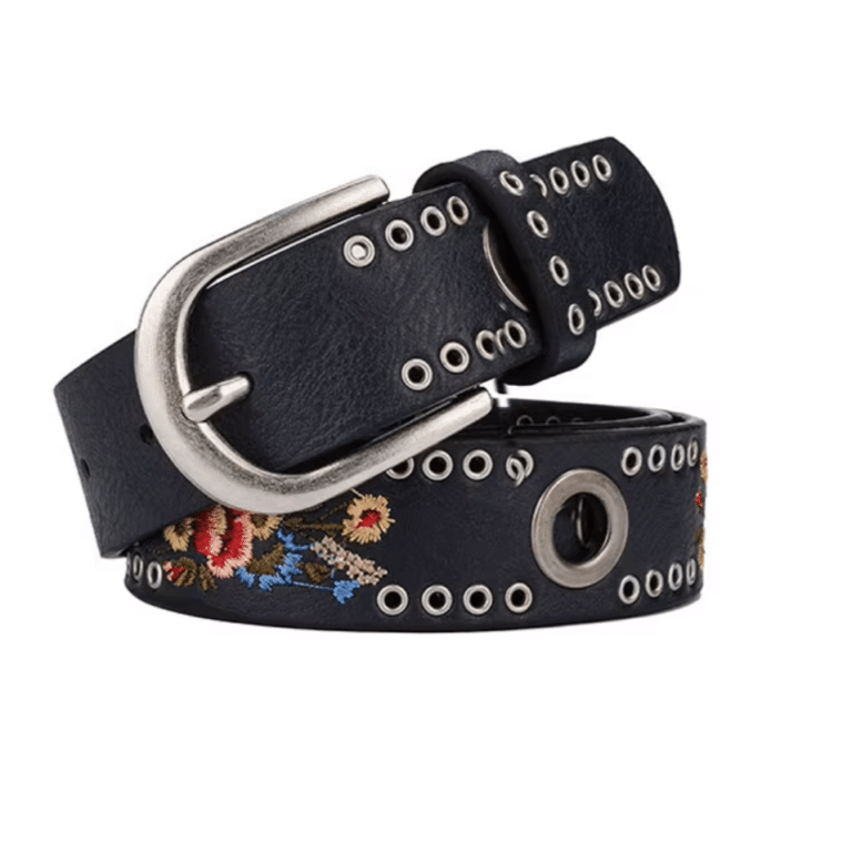 Ceinture western femme noire effet cuir à œillets et fleurs brodées (3)