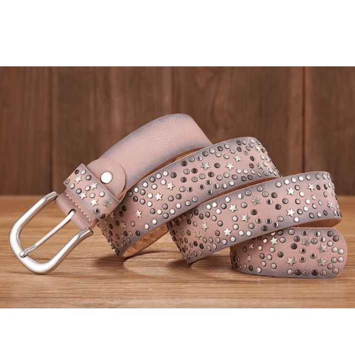 Ceinture western femme rose effet cuir à clous et étoiles argentés (1)