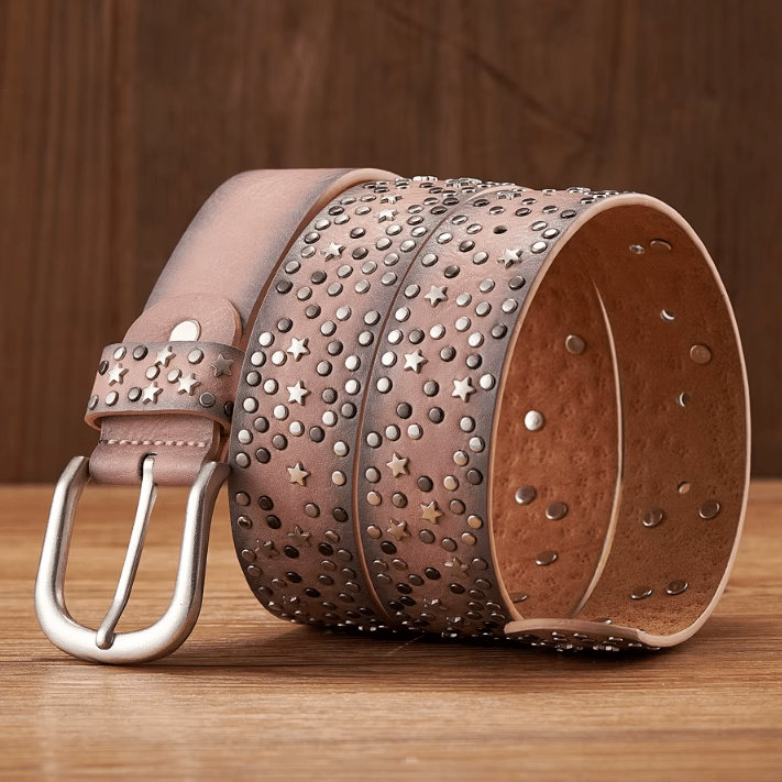 Ceinture western femme rose effet cuir à clous et étoiles argentés (2)