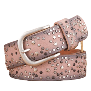Ceinture western femme rose effet cuir à clous et étoiles argentés