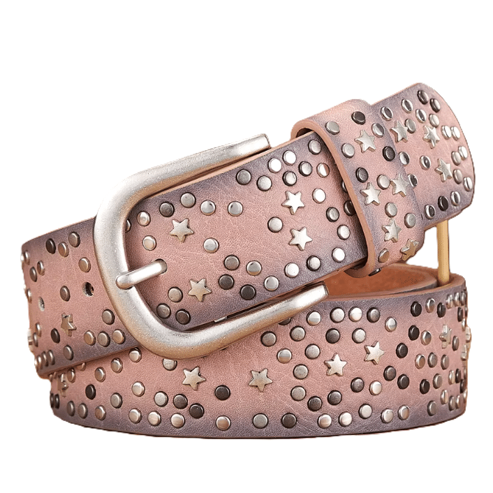 Ceinture western femme rose effet cuir à clous et étoiles argentés (3)