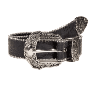 Ceinture western noire à boucle florale gravée style cowboy vintage