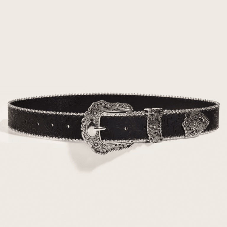 Ceinture western noire à boucle florale gravée style cowboy vintage (3)