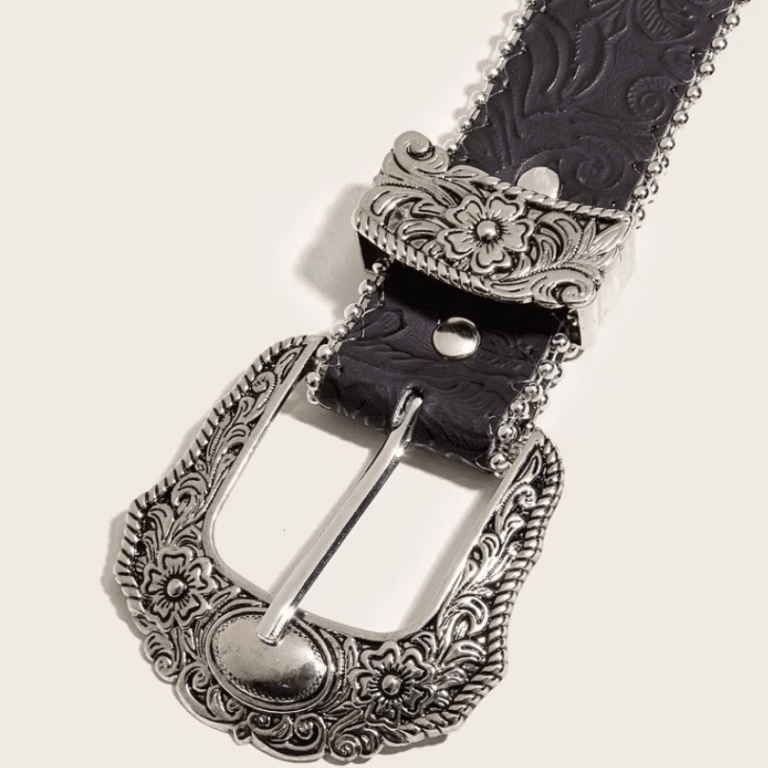 Ceinture western noire à boucle florale gravée style cowboy vintage (4)