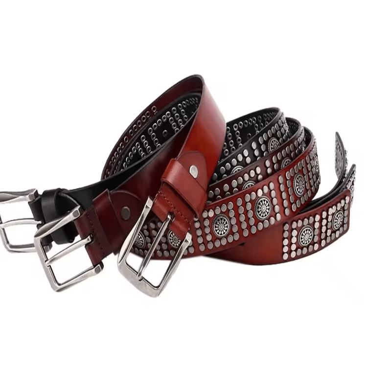 Ceinture western noire à clous argentés et motifs métalliques (1)
