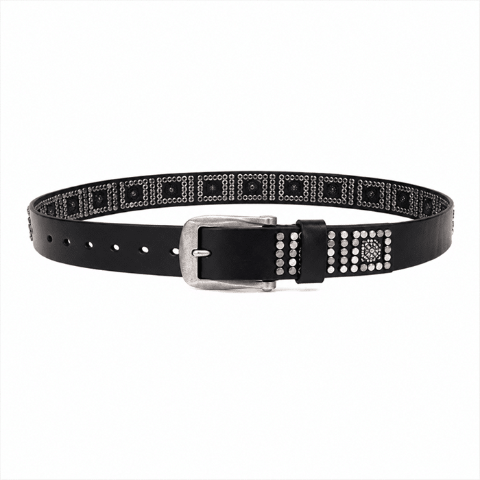 Ceinture western noire à clous argentés et motifs métalliques (2)
