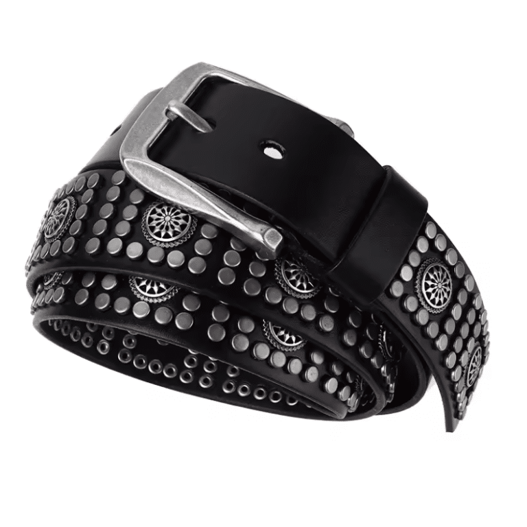 Ceinture western noire à clous argentés et motifs métalliques (5)