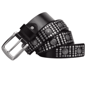 Ceinture western noire à clous argentés et motifs métalliques