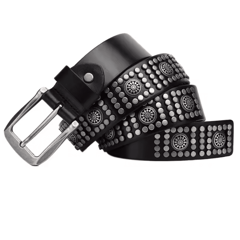 Ceinture western noire à clous argentés et motifs métalliques (6)