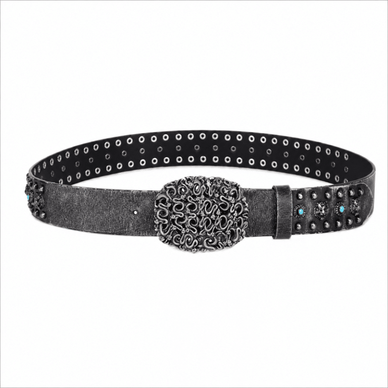 Ceinture western vintage cuir pierres turquoise et têtes de tigre (2)