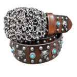 Ceinture western vintage cuir pierres turquoise et têtes de tigre (5)