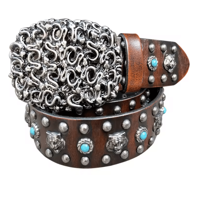 Ceinture western vintage cuir pierres turquoise et têtes de tigre (5)