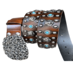 Ceinture western vintage cuir pierres turquoise et têtes de tigre (6)