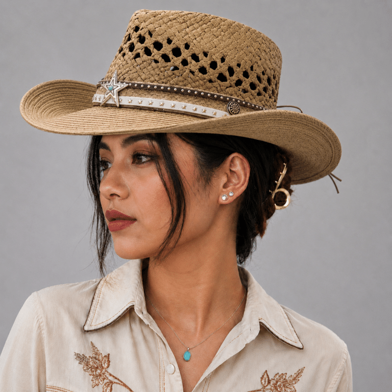 Chapeau Cowboy Femme Paille Beige Étoile Turquoise (1)
