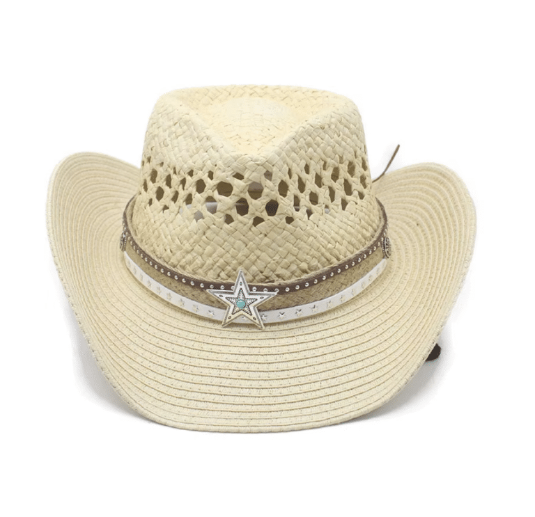 Chapeau Cowboy Femme Paille Beige Étoile Turquoise (2)