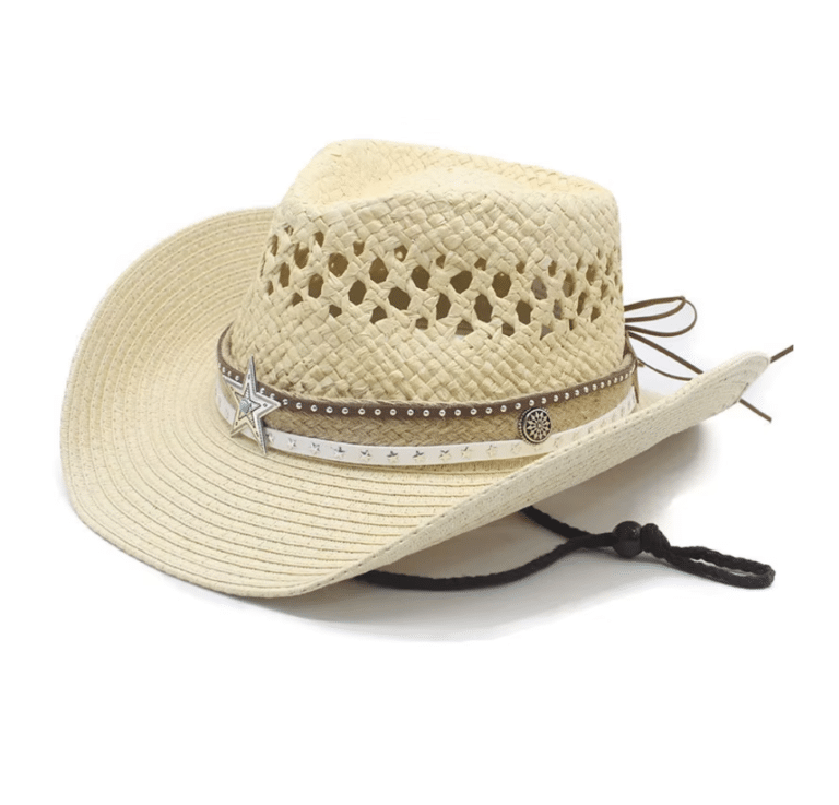 Chapeau Cowboy Femme Paille Beige Étoile Turquoise (3)