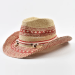 Chapeau Cowboy paille beige rouge coquillages (2)
