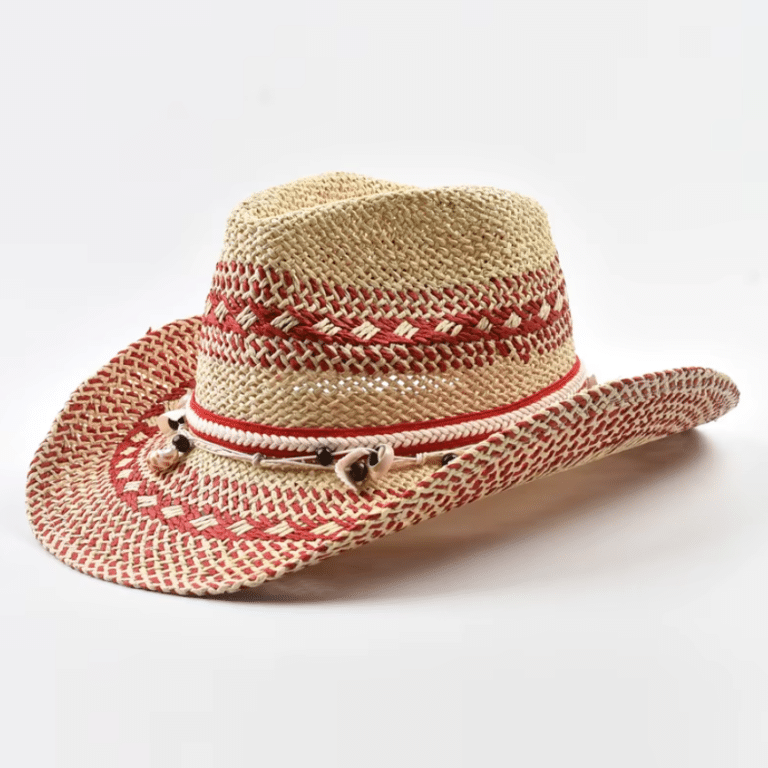Chapeau Cowboy paille beige rouge coquillages (2)