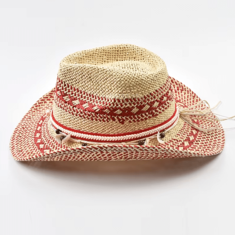 Chapeau Cowboy paille beige rouge coquillages (4)
