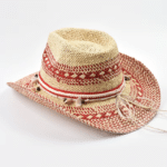 Chapeau Cowboy paille beige rouge coquillages (5)