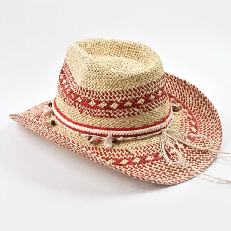 Chapeau Cowboy paille beige rouge coquillages (5)