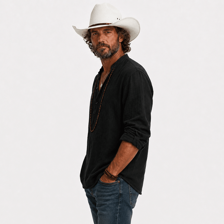 Chapeau cowboy blanc aspect paille tressée bandeau marron (1)