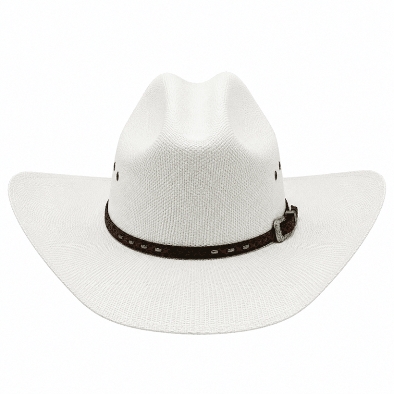 Chapeau cowboy blanc aspect paille tressée bandeau marron (2)