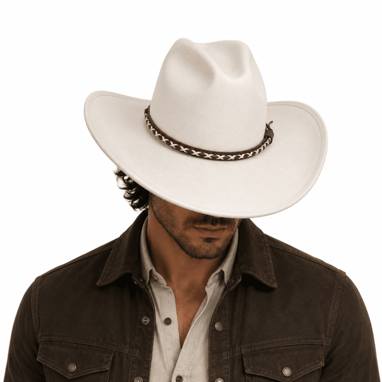 Chapeau cowboy blanc style western avec bandeau tressé (2)