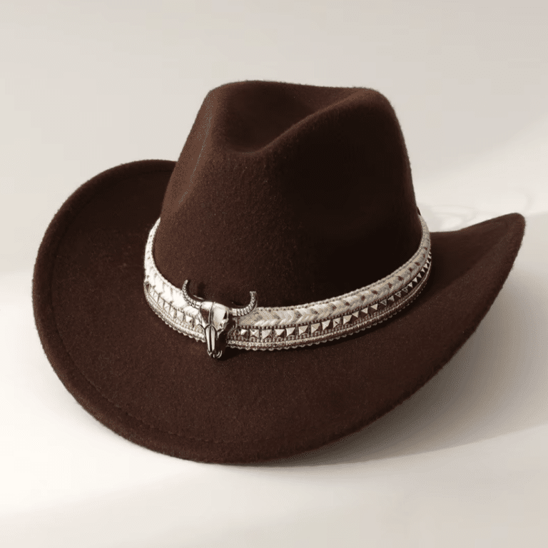 Chapeau cowboy en feutre bandeau tête de taureau (1)