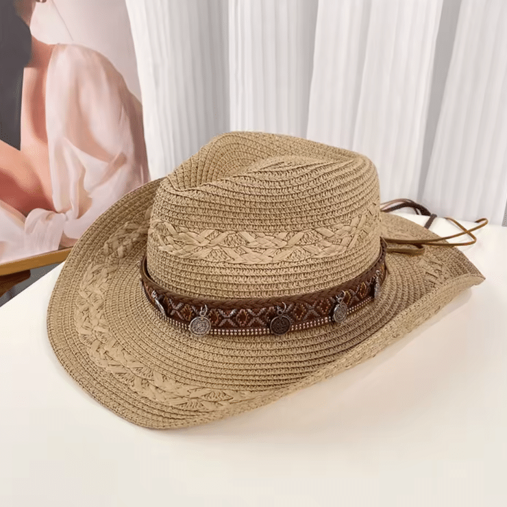 Chapeau cowboy en paille tressée avec bandeau western vintage (1)
