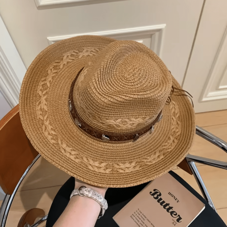 Chapeau cowboy en paille tressée avec bandeau western vintage (2)
