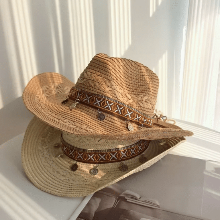 Chapeau cowboy en paille tressée avec bandeau western vintage (3)
