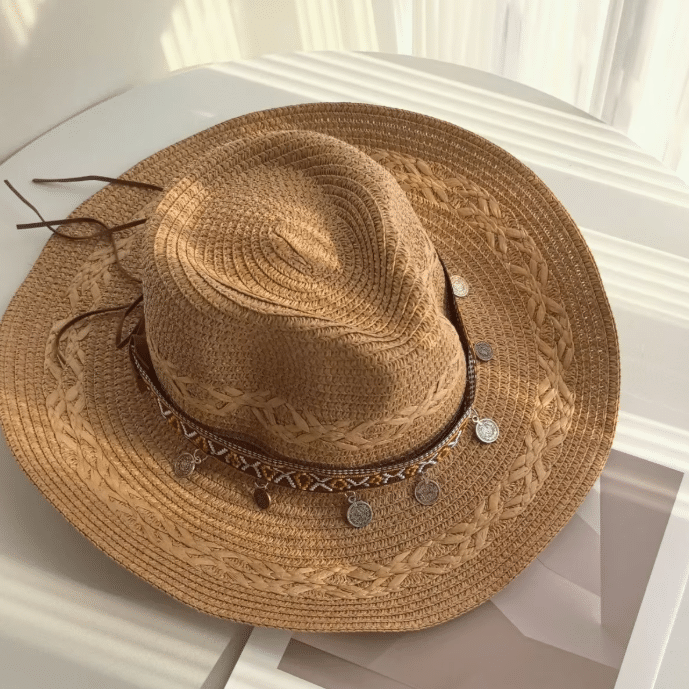 Chapeau cowboy en paille tressée avec bandeau western vintage (4)