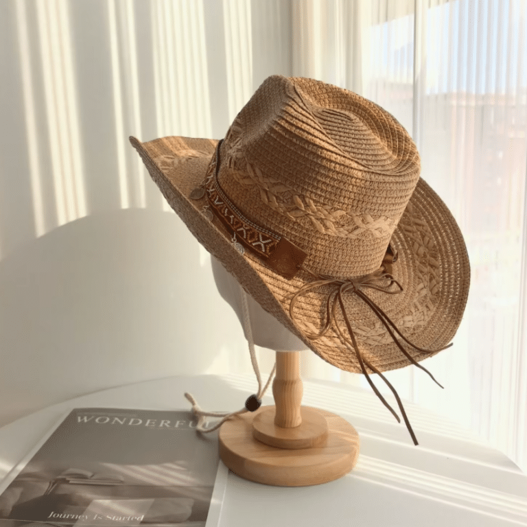 Chapeau cowboy en paille tressée avec bandeau western vintage (5)