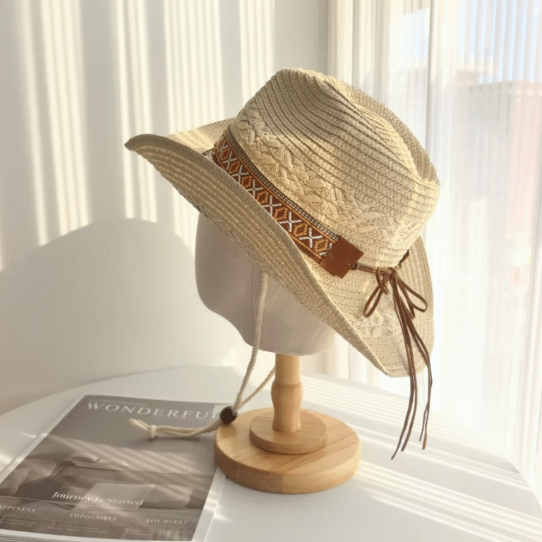 Chapeau cowboy en paille tressée avec bandeau western vintage (6)