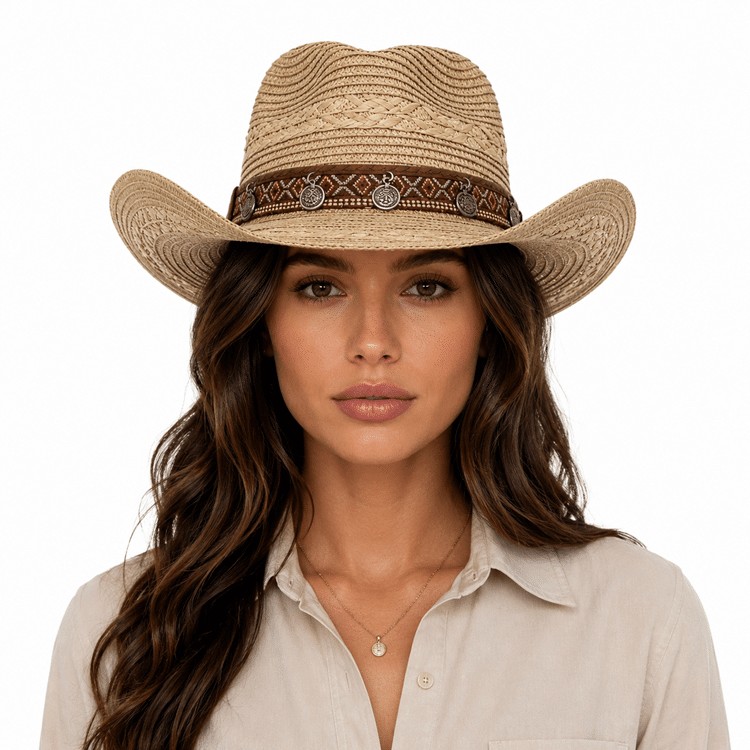 Chapeau cowboy en paille tressée avec bandeau western vintage (8)