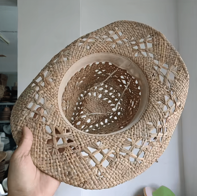 Chapeau cowboy fibres naturelles ajourées bandeau turquoise western (1)