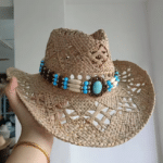 Chapeau cowboy fibres naturelles ajourées bandeau turquoise western (2)