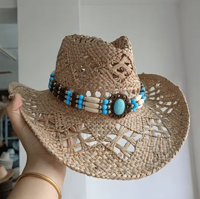 Chapeau cowboy fibres naturelles ajourées bandeau turquoise western (2)
