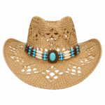Chapeau cowboy fibres naturelles ajourées bandeau turquoise western (3)