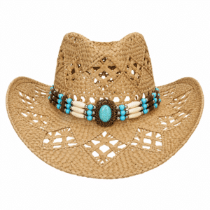 Chapeau cowboy fibres naturelles ajourées bandeau turquoise western