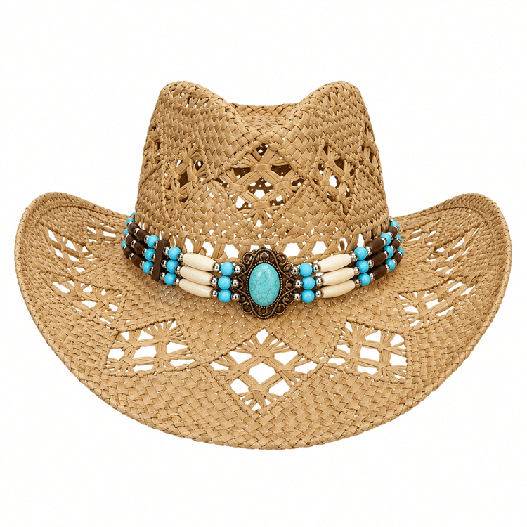 Chapeau cowboy fibres naturelles ajourées bandeau turquoise western (3)